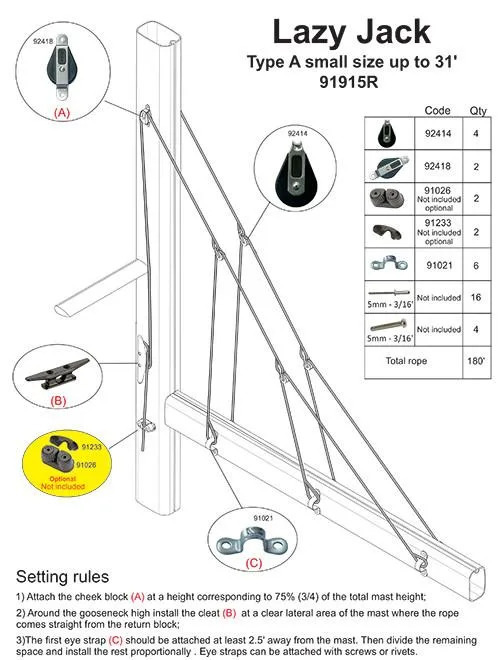 001R -  LAZY JACK SYSTEM - Type A - SMALL SIZE- WITH ROPE INCLUDED