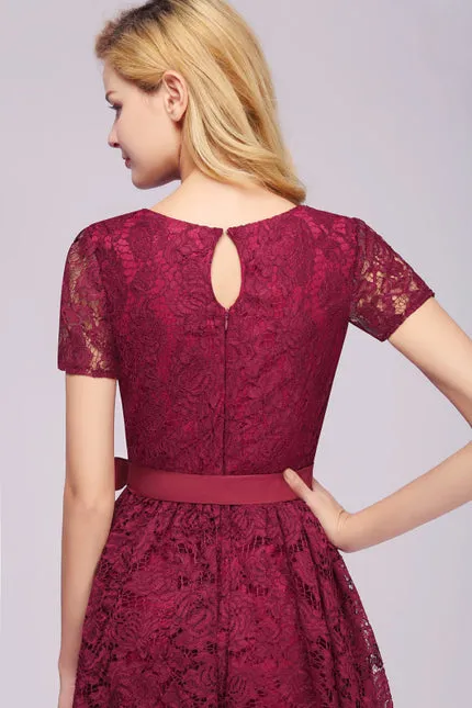 27prom Elegant Short Sleeves Floral Lace V-neck Dresses with Sash
