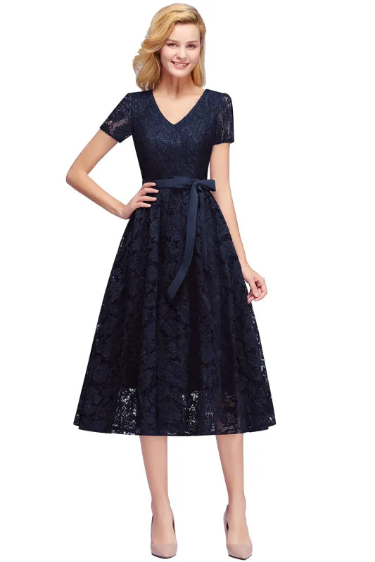 27prom Elegant Short Sleeves Floral Lace V-neck Dresses with Sash
