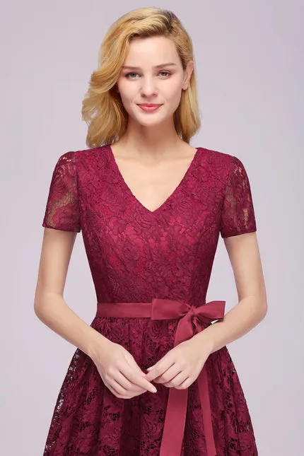 27prom Elegant Short Sleeves Floral Lace V-neck Dresses with Sash