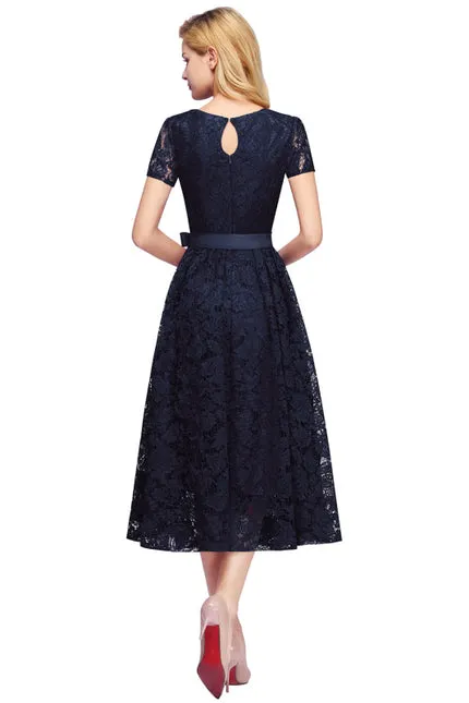 27prom Elegant Short Sleeves Floral Lace V-neck Dresses with Sash