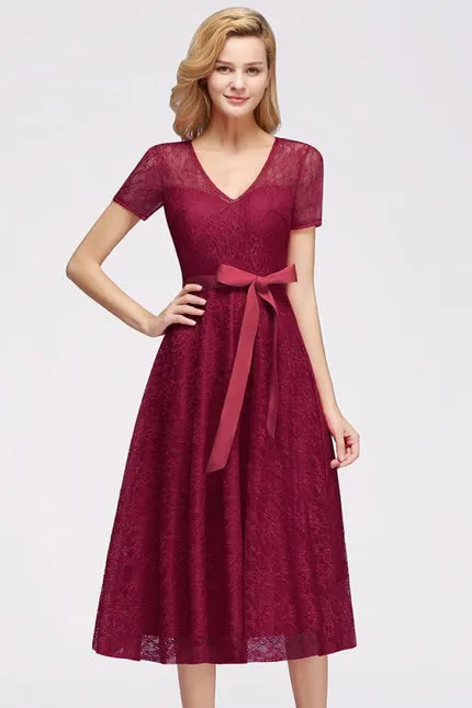 27prom Elegant Short Sleeves Floral Lace V-neck Dresses with Sash