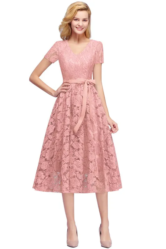 27prom Elegant Short Sleeves Floral Lace V-neck Dresses with Sash