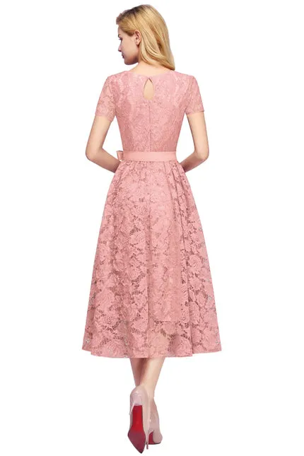 27prom Elegant Short Sleeves Floral Lace V-neck Dresses with Sash