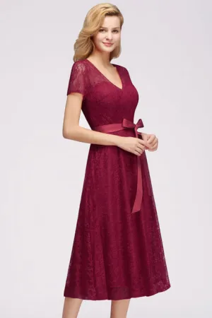 27prom Elegant Short Sleeves Floral Lace V-neck Dresses with Sash
