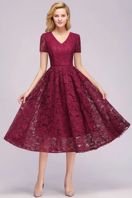 27prom Elegant Short Sleeves Floral Lace V-neck Dresses with Sash