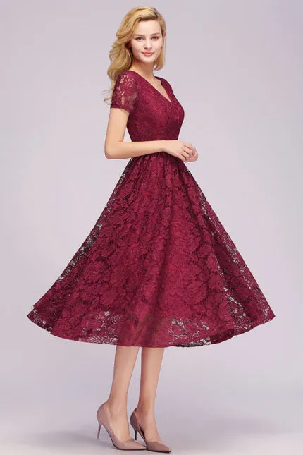 27prom Elegant Short Sleeves Floral Lace V-neck Dresses with Sash