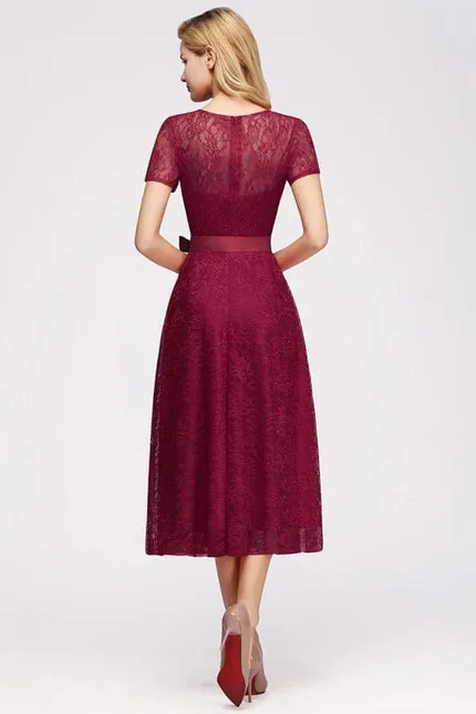 27prom Elegant Short Sleeves Floral Lace V-neck Dresses with Sash