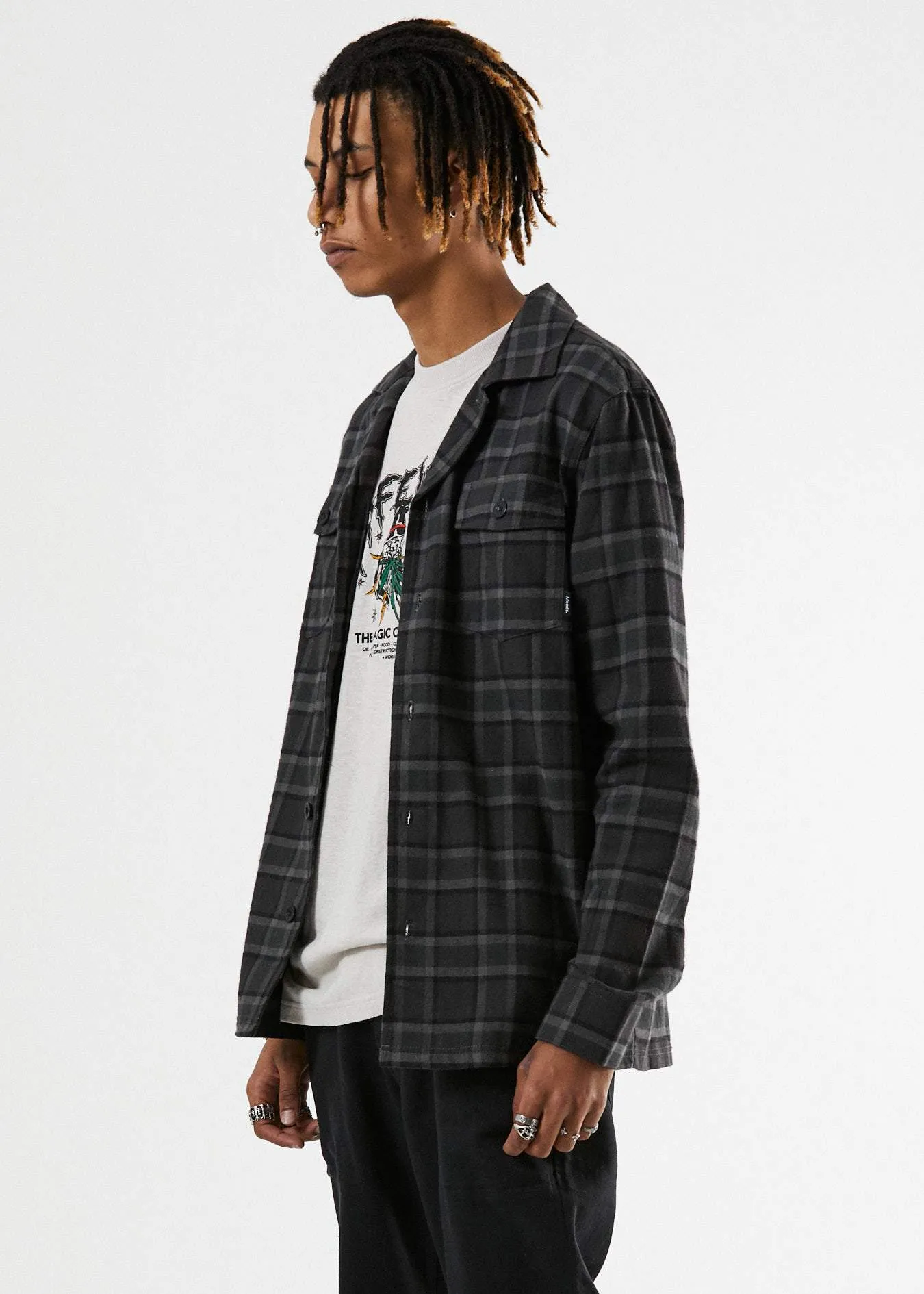 Afends Mens Grave Digger - Hemp Work Long Sleeve Shirt - Gunmetal