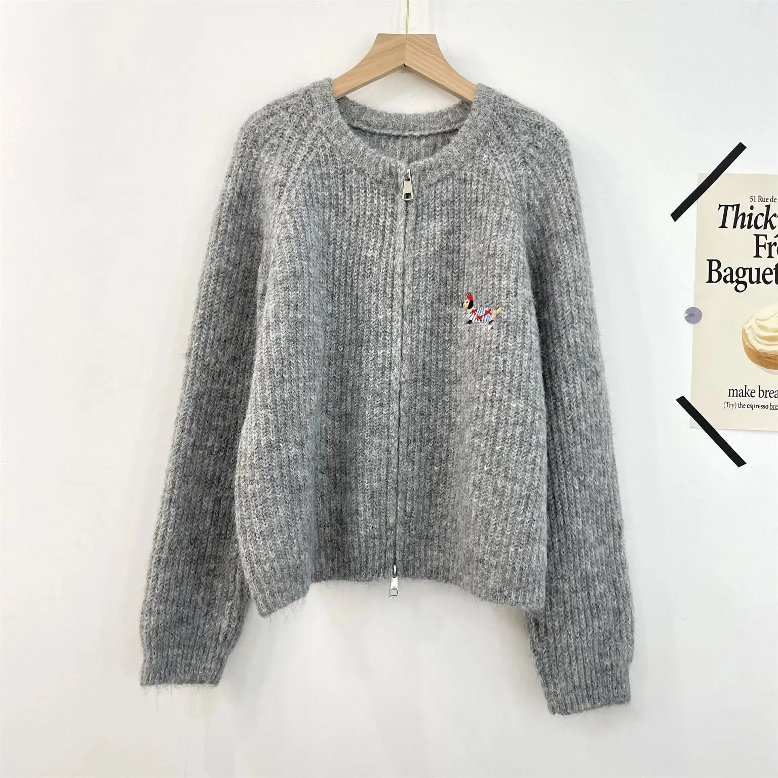 Amozae-Autumn Casual Outfits Amozae-Dog Embroidery Double Zipper Knit Cardigan Casual Solid Winter Women's Sweater Jacket