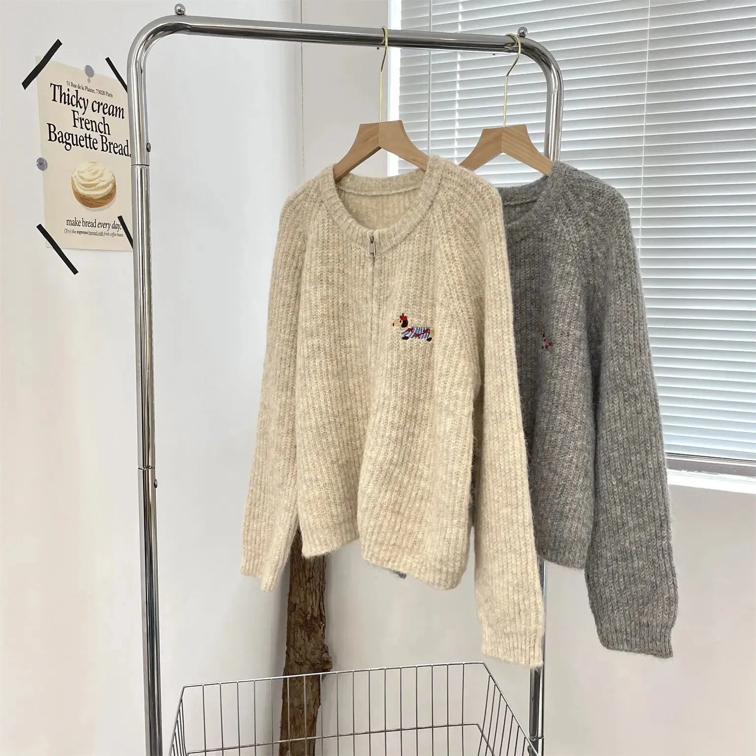 Amozae-Autumn Casual Outfits Amozae-Dog Embroidery Double Zipper Knit Cardigan Casual Solid Winter Women's Sweater Jacket