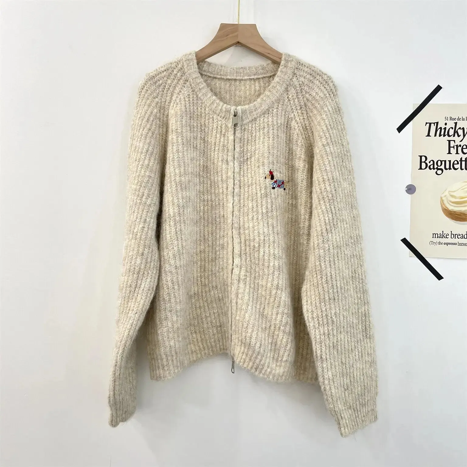Amozae-Autumn Casual Outfits Amozae-Dog Embroidery Double Zipper Knit Cardigan Casual Solid Winter Women's Sweater Jacket