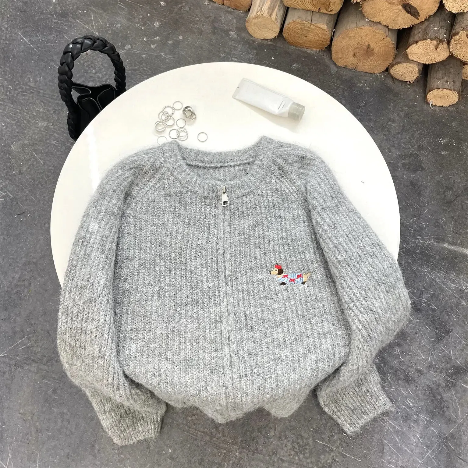 Amozae-Autumn Casual Outfits Amozae-Dog Embroidery Double Zipper Knit Cardigan Casual Solid Winter Women's Sweater Jacket