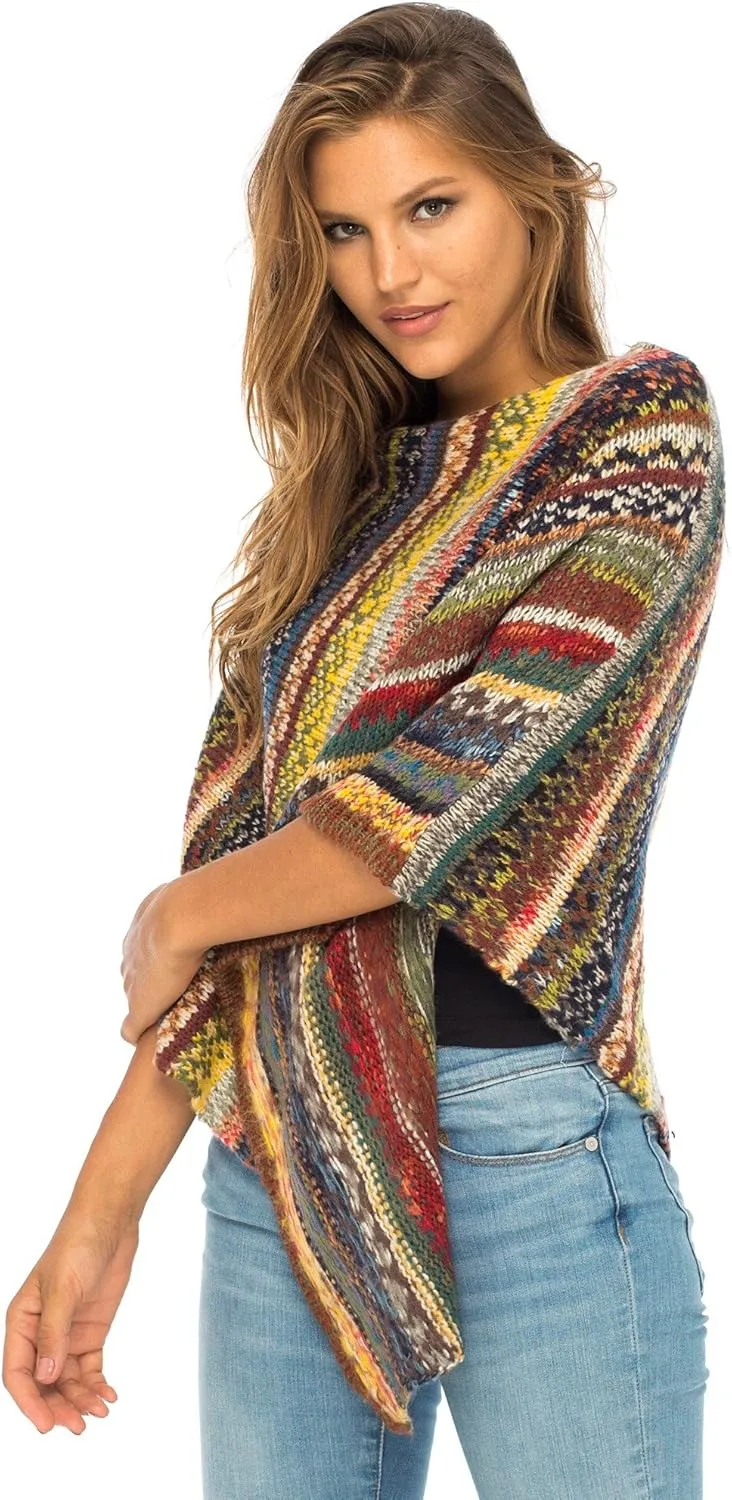 Back From Bali Womens Colorful Knit Poncho Sweater Cape Soft Striped Boho Tunic Shawl