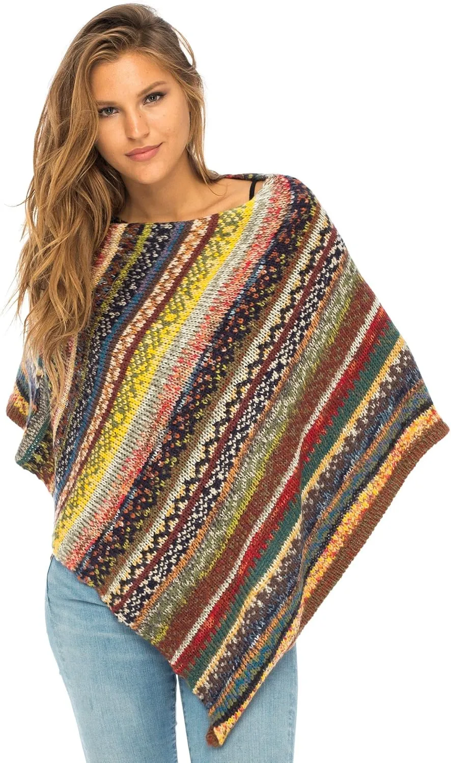 Back From Bali Womens Colorful Knit Poncho Sweater Cape Soft Striped Boho Tunic Shawl