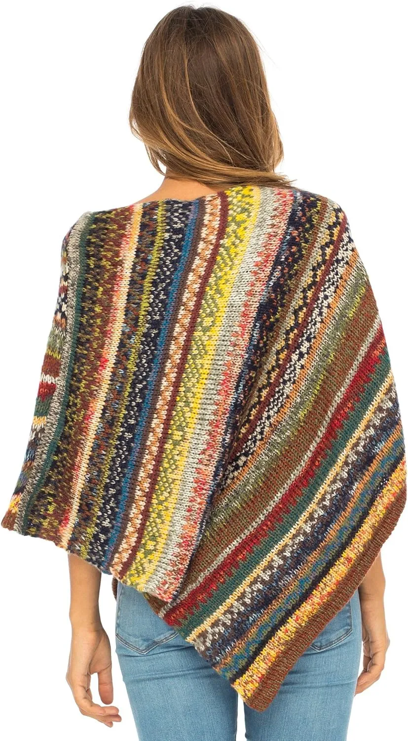 Back From Bali Womens Colorful Knit Poncho Sweater Cape Soft Striped Boho Tunic Shawl