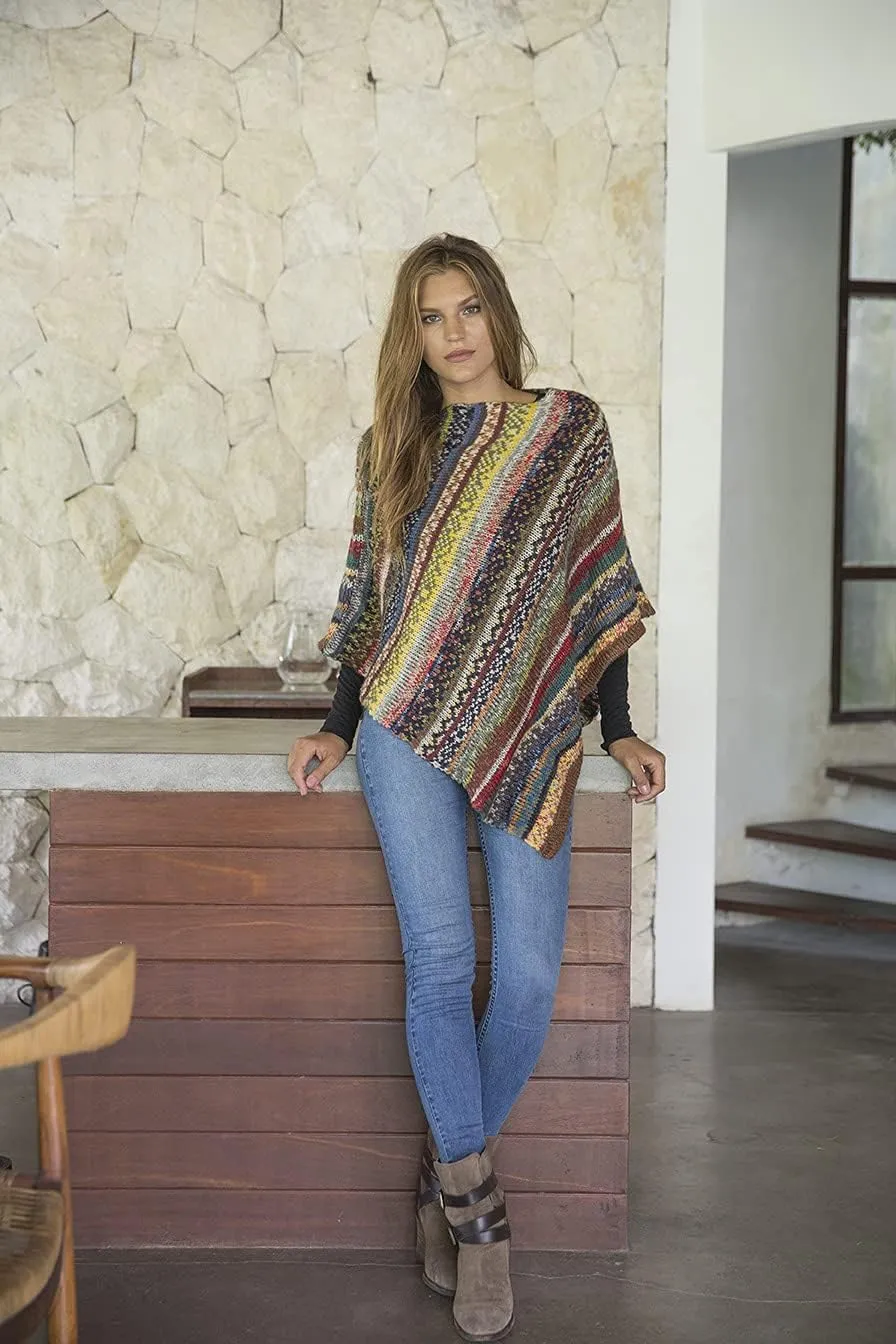 Back From Bali Womens Colorful Knit Poncho Sweater Cape Soft Striped Boho Tunic Shawl