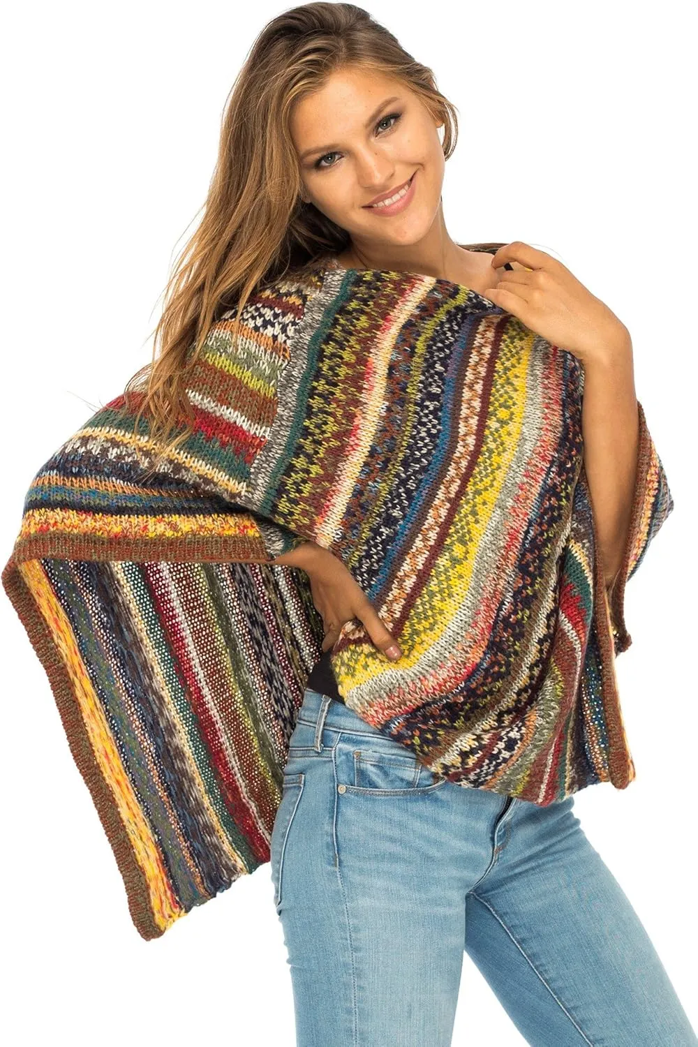 Back From Bali Womens Colorful Knit Poncho Sweater Cape Soft Striped Boho Tunic Shawl