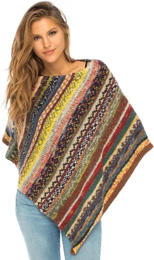 Back From Bali Womens Colorful Knit Poncho Sweater Cape Soft Striped Boho Tunic Shawl