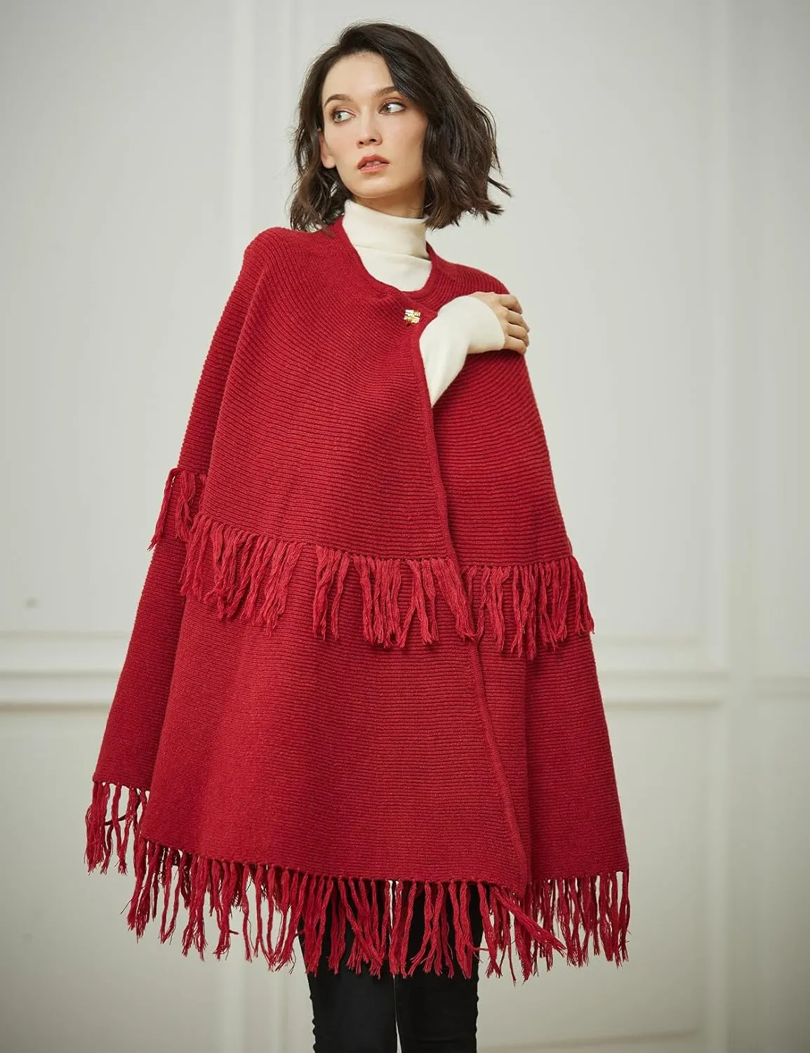 BEAUTELICATE Women's Poncho Cape Vintage Knitted Tassel Warm Winter Autumn Coat Sweater Cape Cardigan Sweater
