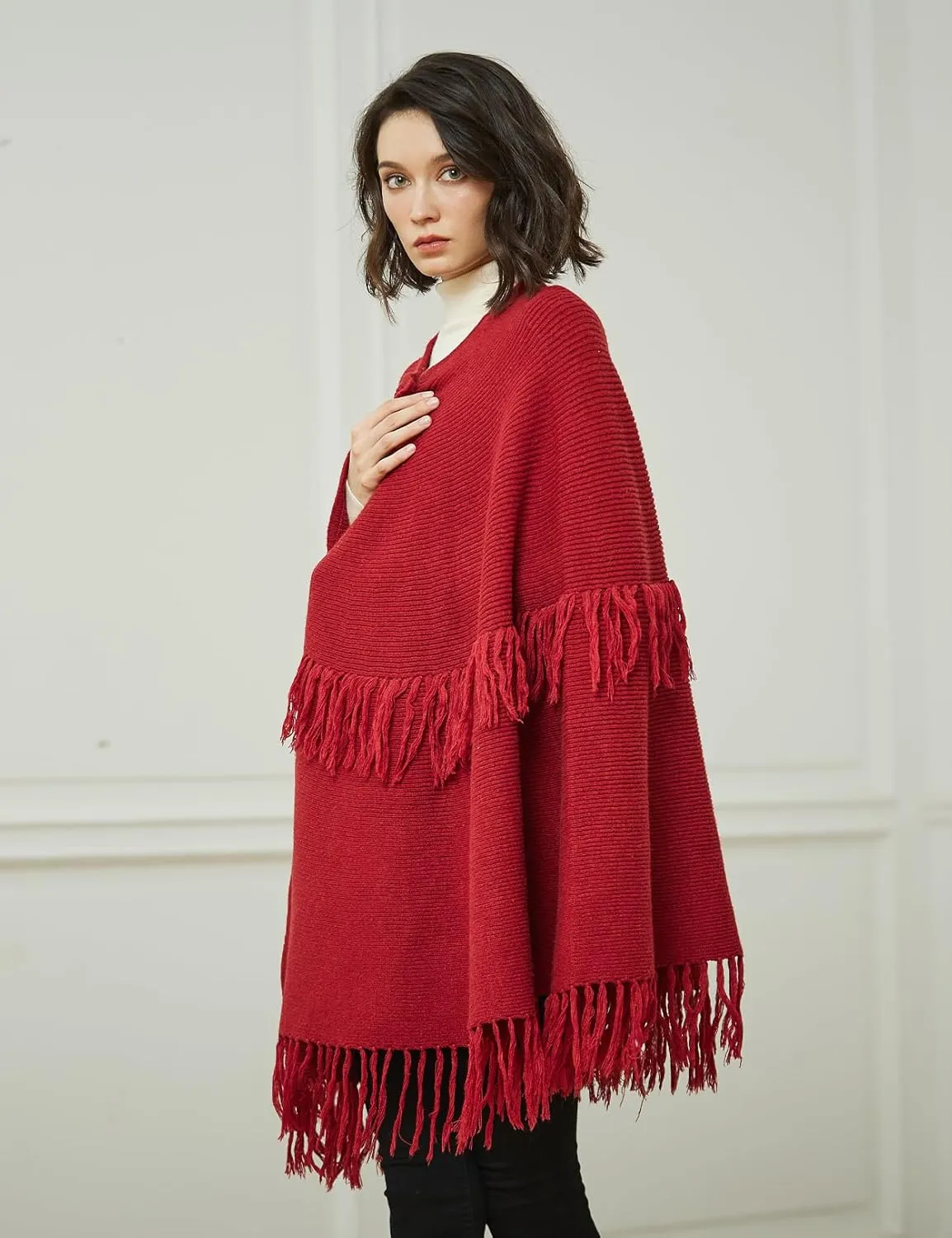 BEAUTELICATE Women's Poncho Cape Vintage Knitted Tassel Warm Winter Autumn Coat Sweater Cape Cardigan Sweater