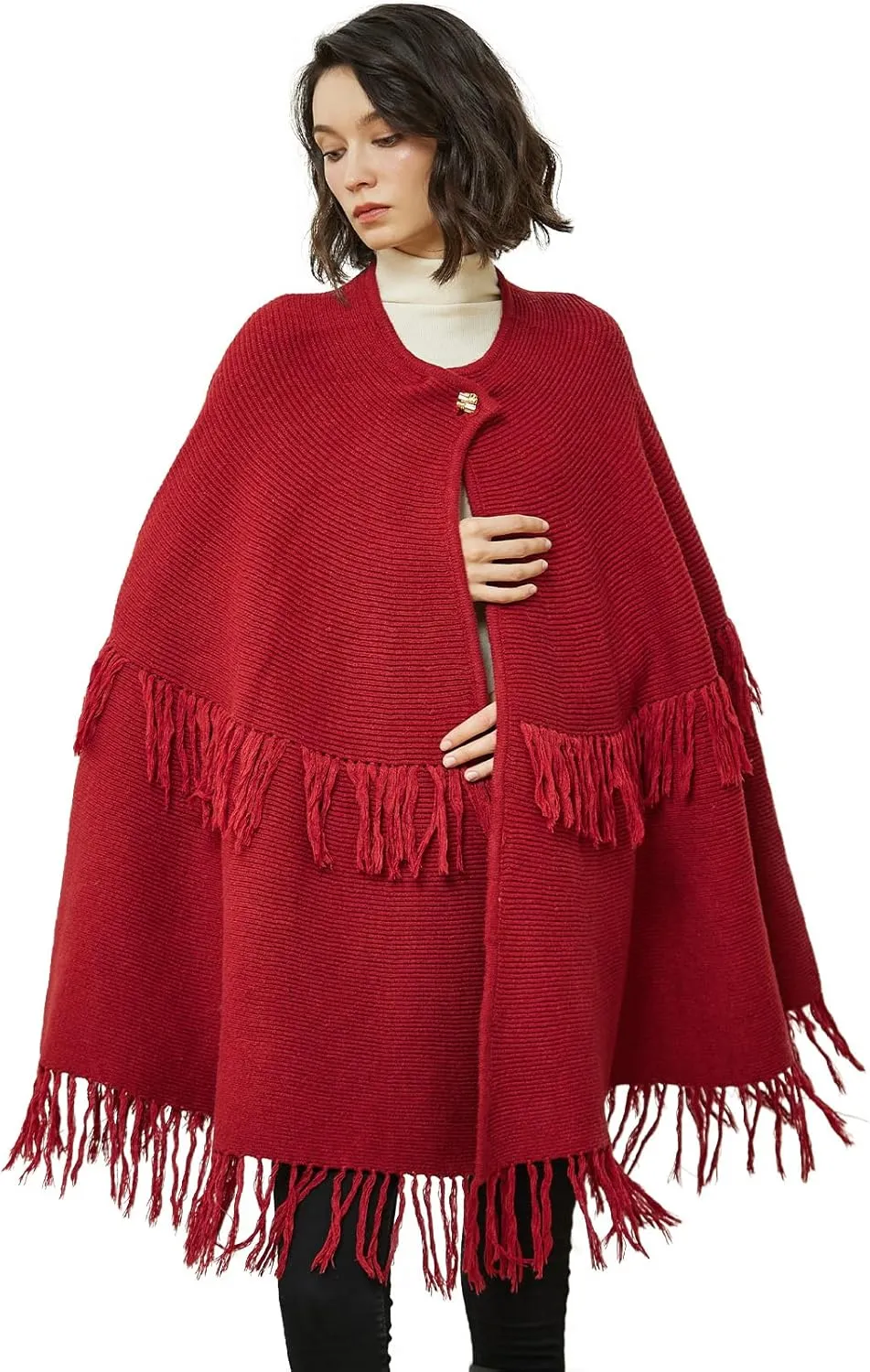 BEAUTELICATE Women's Poncho Cape Vintage Knitted Tassel Warm Winter Autumn Coat Sweater Cape Cardigan Sweater