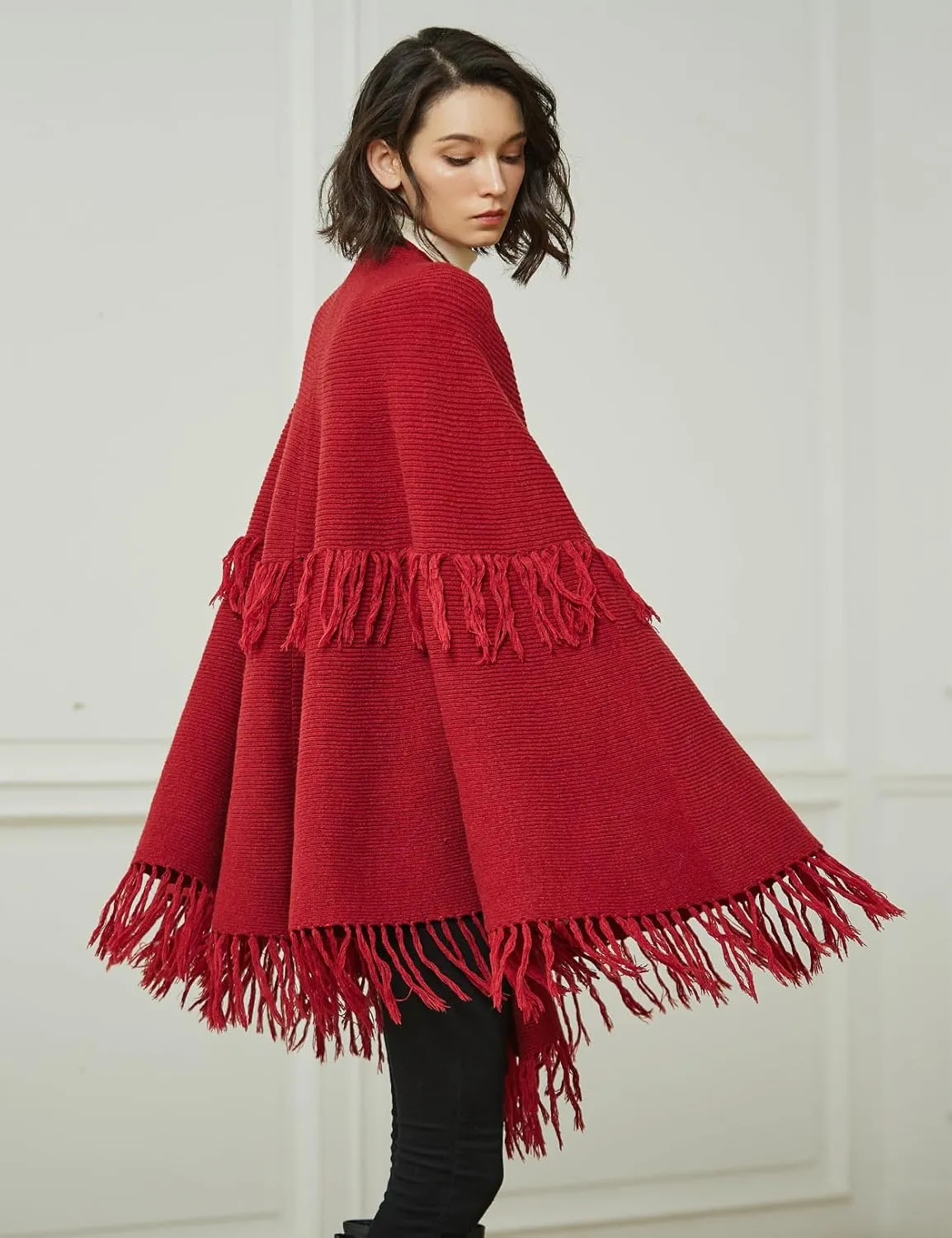 BEAUTELICATE Women's Poncho Cape Vintage Knitted Tassel Warm Winter Autumn Coat Sweater Cape Cardigan Sweater