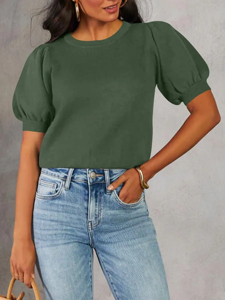 BeautyNee Womens Short Sleeve Sweater Puff Short Sleeve Tops Crew Neck Basic Knit Pullover Soft Casual Pullover Shirts