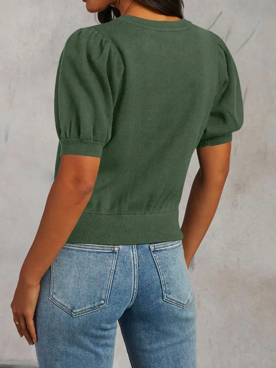 BeautyNee Womens Short Sleeve Sweater Puff Short Sleeve Tops Crew Neck Basic Knit Pullover Soft Casual Pullover Shirts