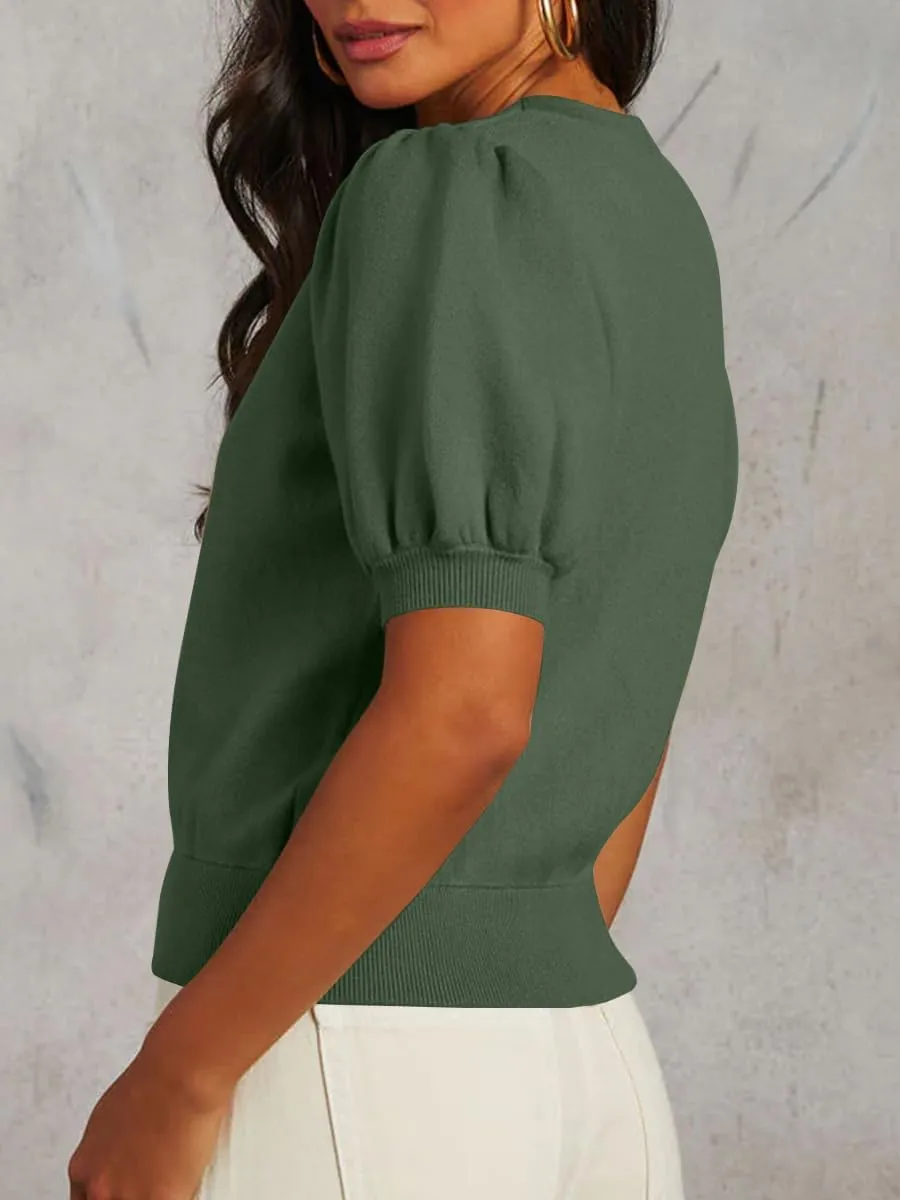 BeautyNee Womens Short Sleeve Sweater Puff Short Sleeve Tops Crew Neck Basic Knit Pullover Soft Casual Pullover Shirts