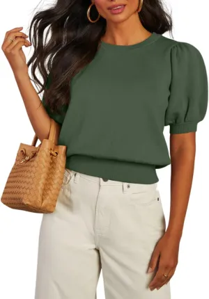 BeautyNee Womens Short Sleeve Sweater Puff Short Sleeve Tops Crew Neck Basic Knit Pullover Soft Casual Pullover Shirts