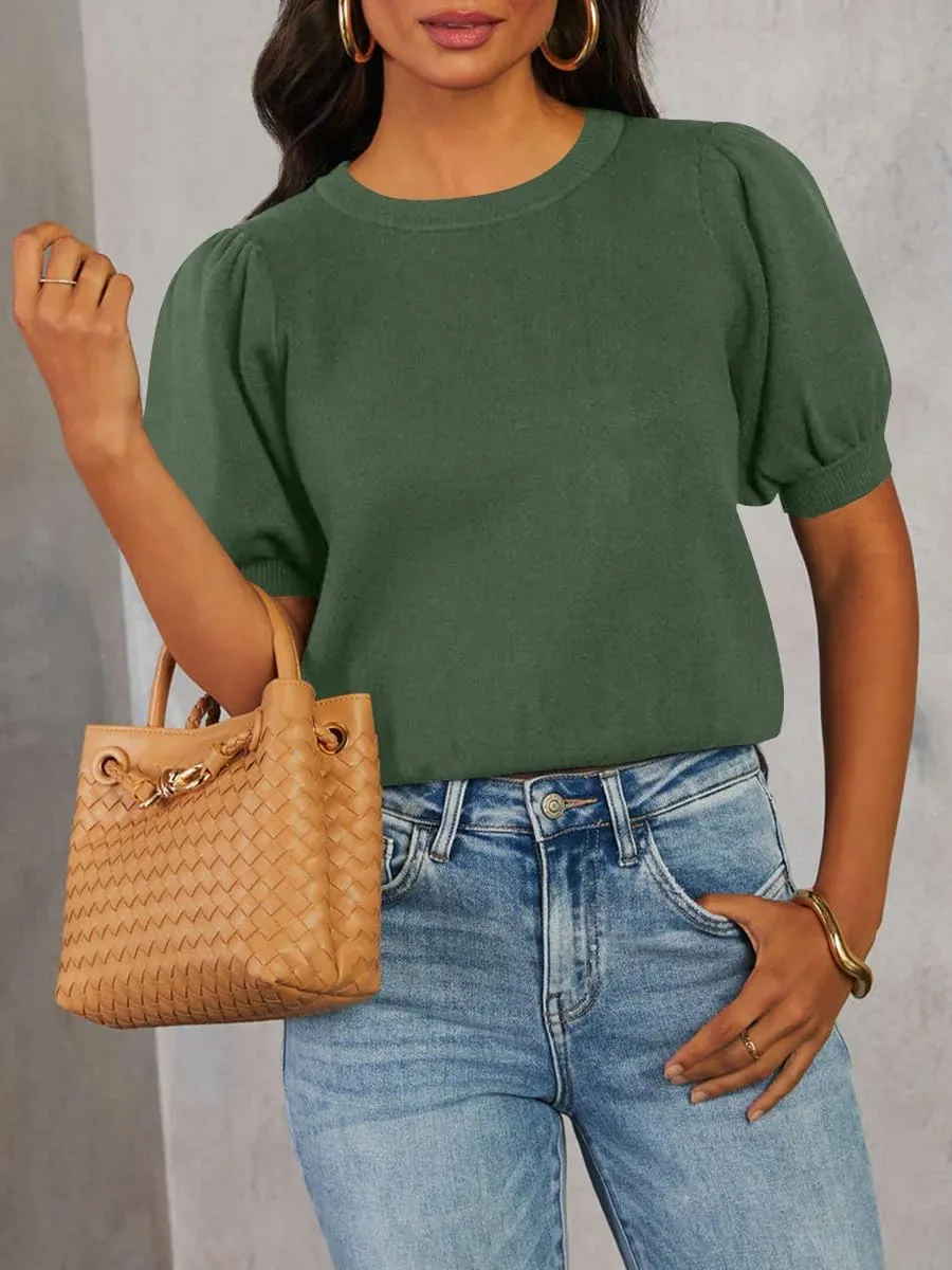 BeautyNee Womens Short Sleeve Sweater Puff Short Sleeve Tops Crew Neck Basic Knit Pullover Soft Casual Pullover Shirts