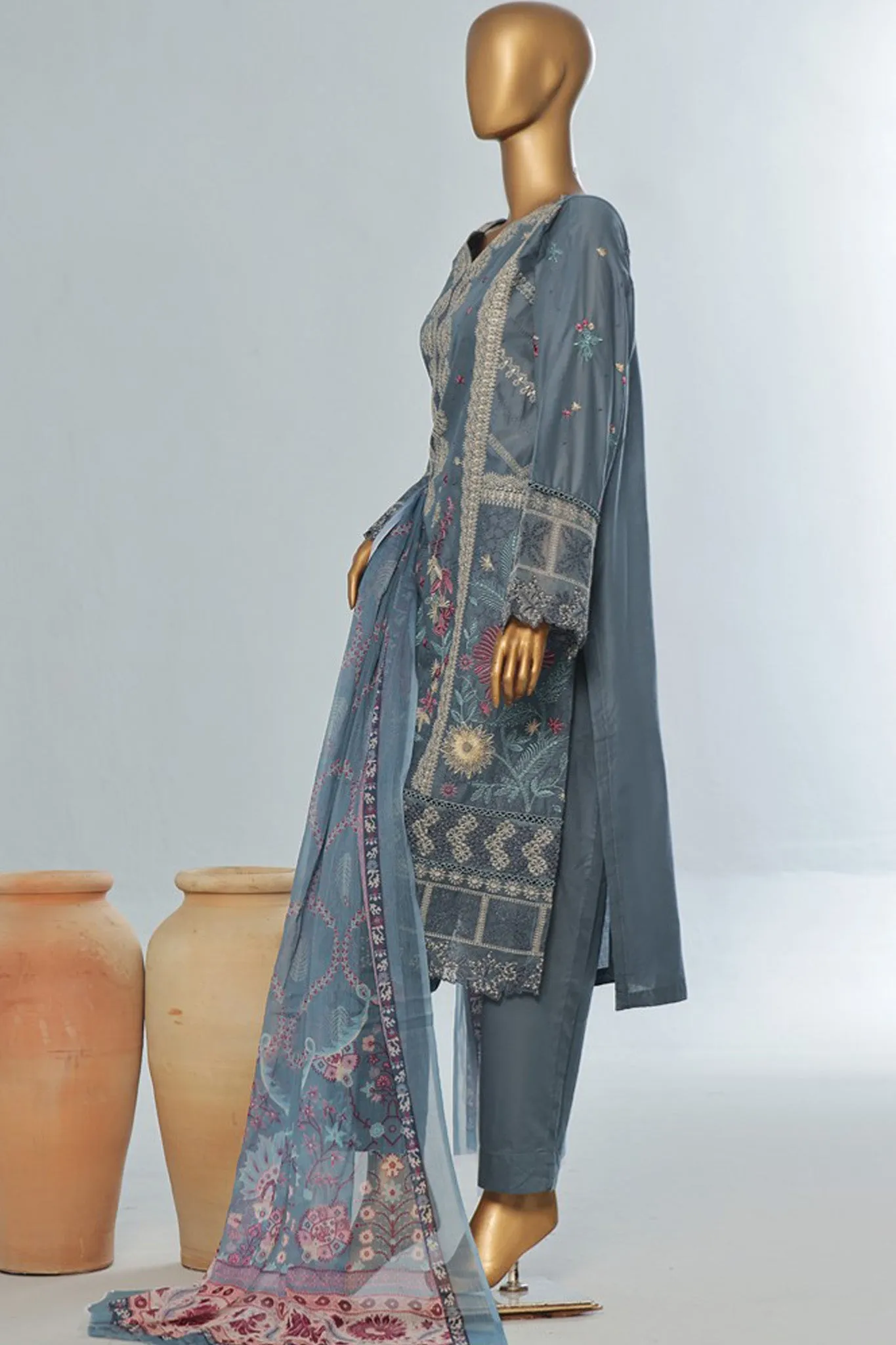 Bin Saeed Stitched 3 Piece Luxury Emb Cotton Vol-04 Collection'2024-LF-1151-Grey