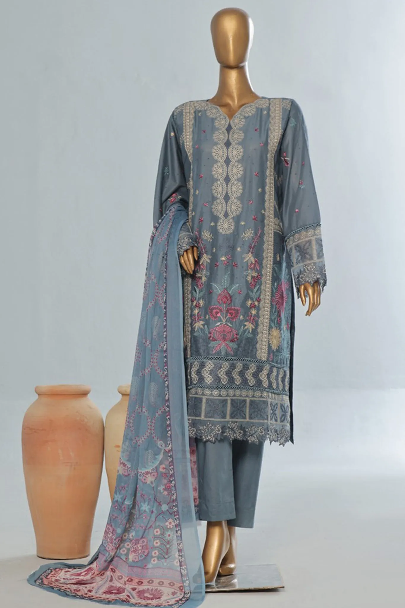 Bin Saeed Stitched 3 Piece Luxury Emb Cotton Vol-04 Collection'2024-LF-1151-Grey