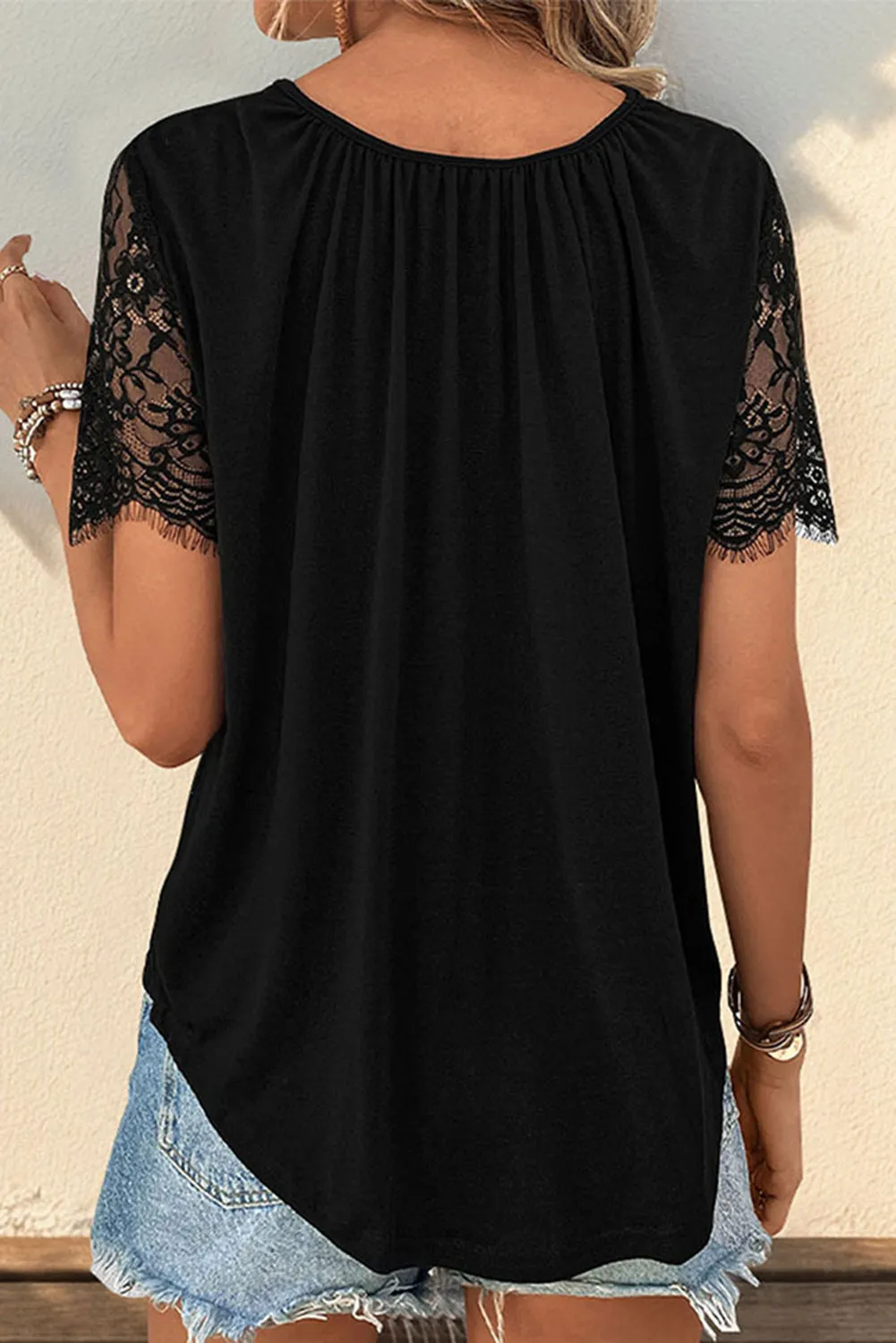 Black Lace Patchwork Criss Cross V Neck Short Sleeve Blouse