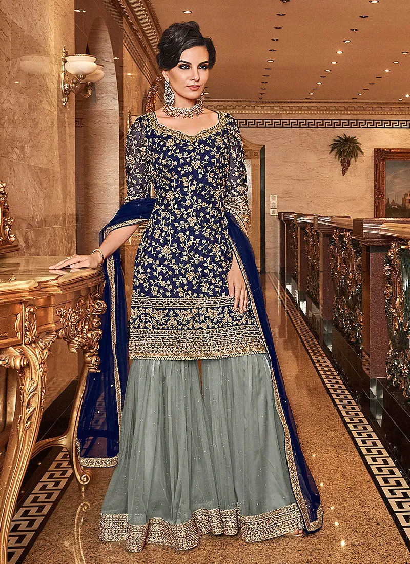 Blue And Grey Floral Embroidered Gharara Palazzo Suit