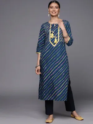 Blue cotton printed straight kurta with lace detailings