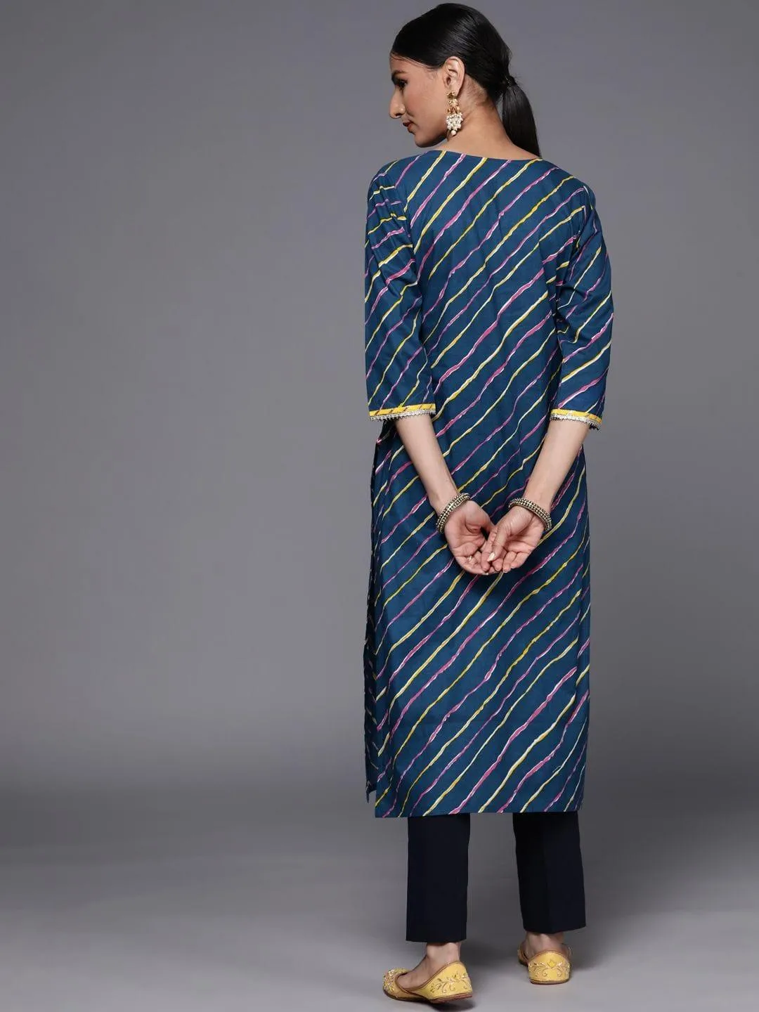 Blue cotton printed straight kurta with lace detailings