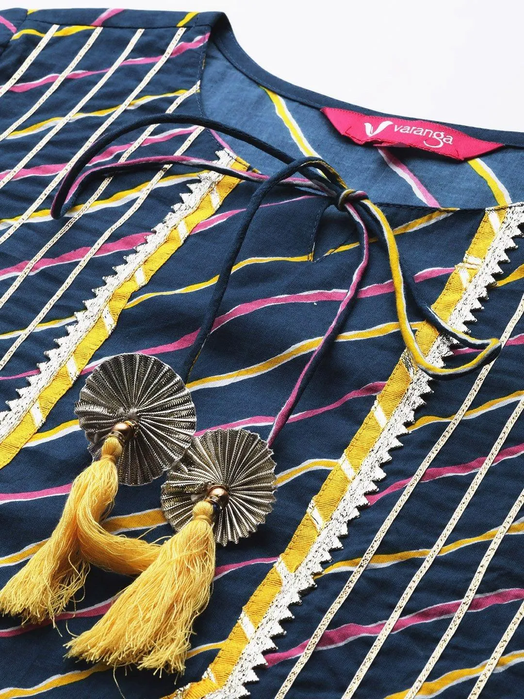 Blue cotton printed straight kurta with lace detailings