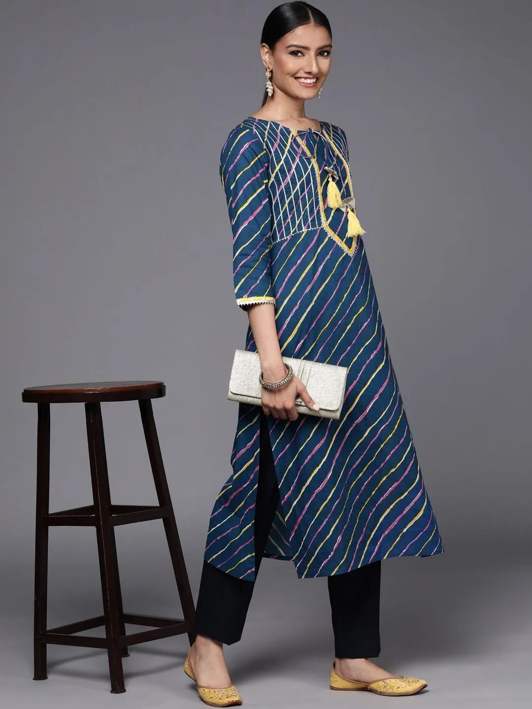 Blue cotton printed straight kurta with lace detailings