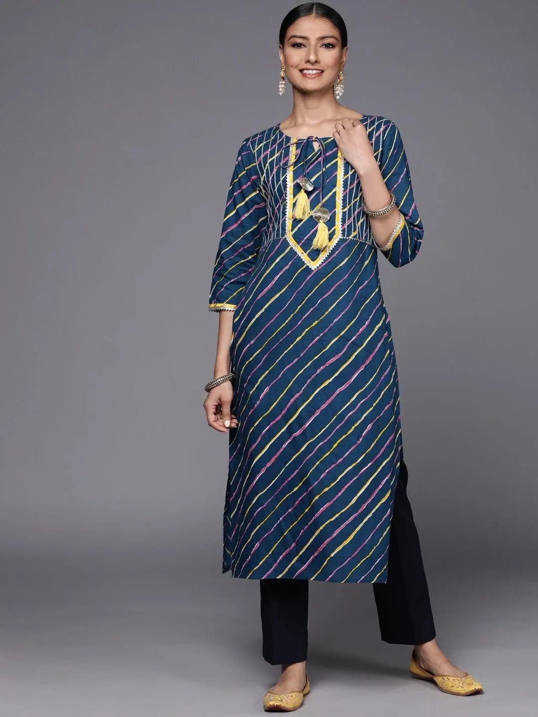 Blue cotton printed straight kurta with lace detailings