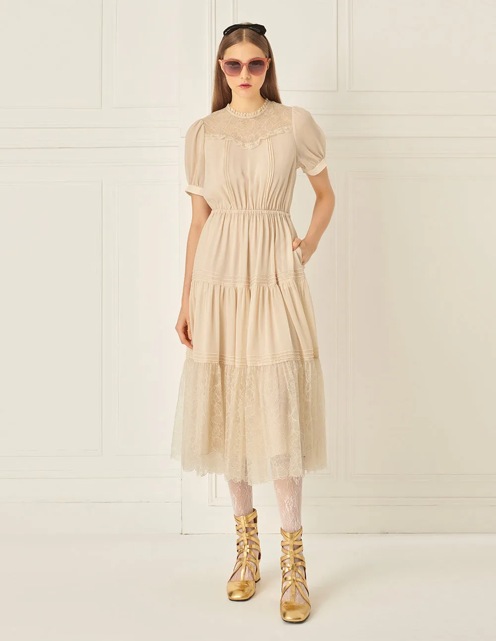BORA AKSU Lace Lace Patchwork Layered Pleated Dress
