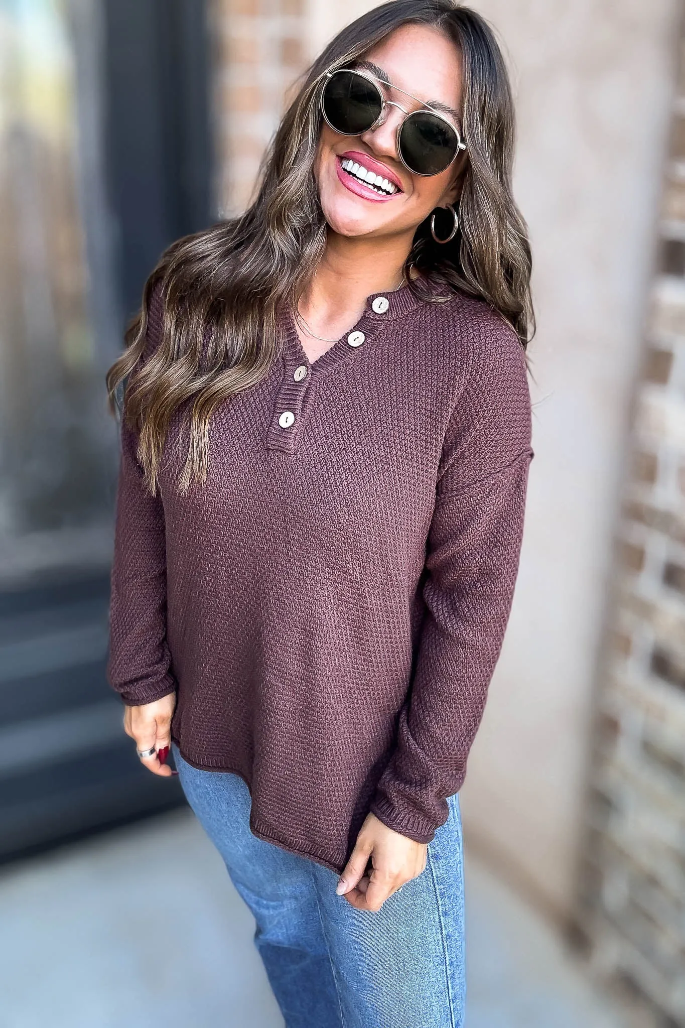 Button Mahogany Henley Neckline Basic Sweater
