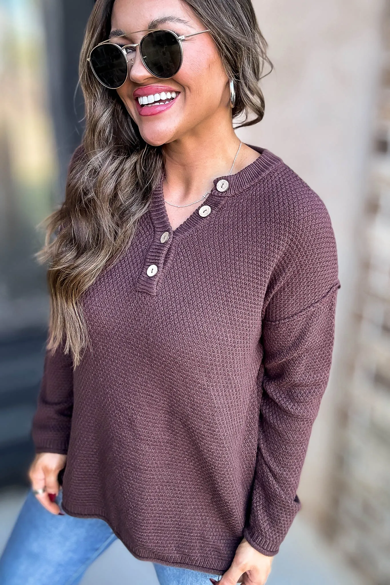 Button Mahogany Henley Neckline Basic Sweater
