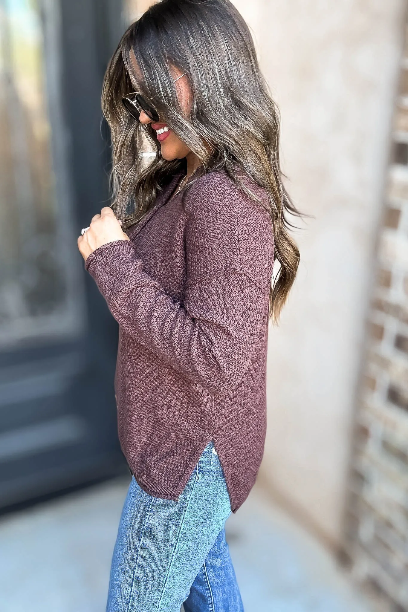 Button Mahogany Henley Neckline Basic Sweater