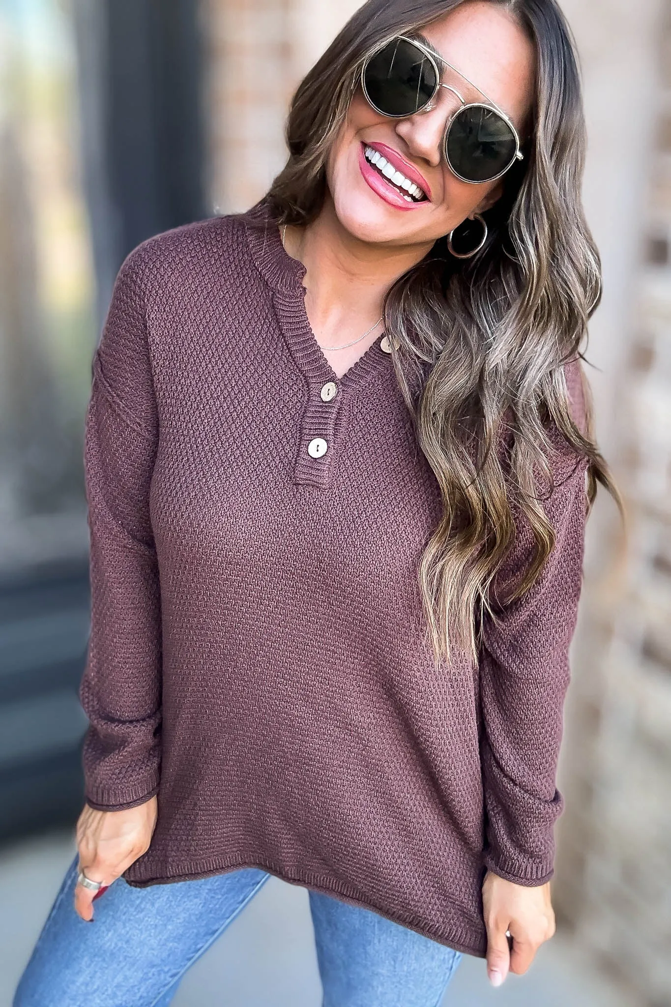 Button Mahogany Henley Neckline Basic Sweater