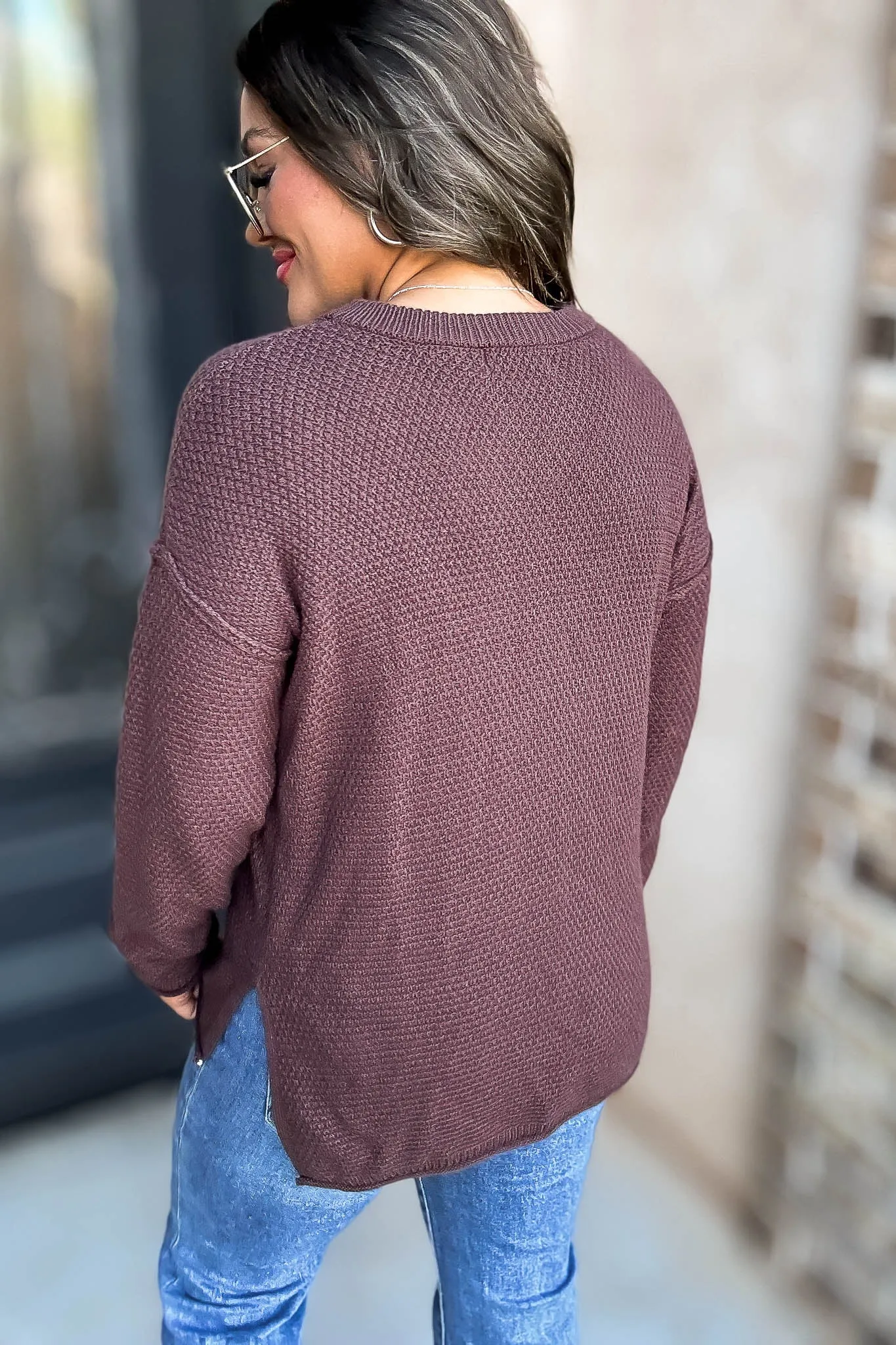 Button Mahogany Henley Neckline Basic Sweater