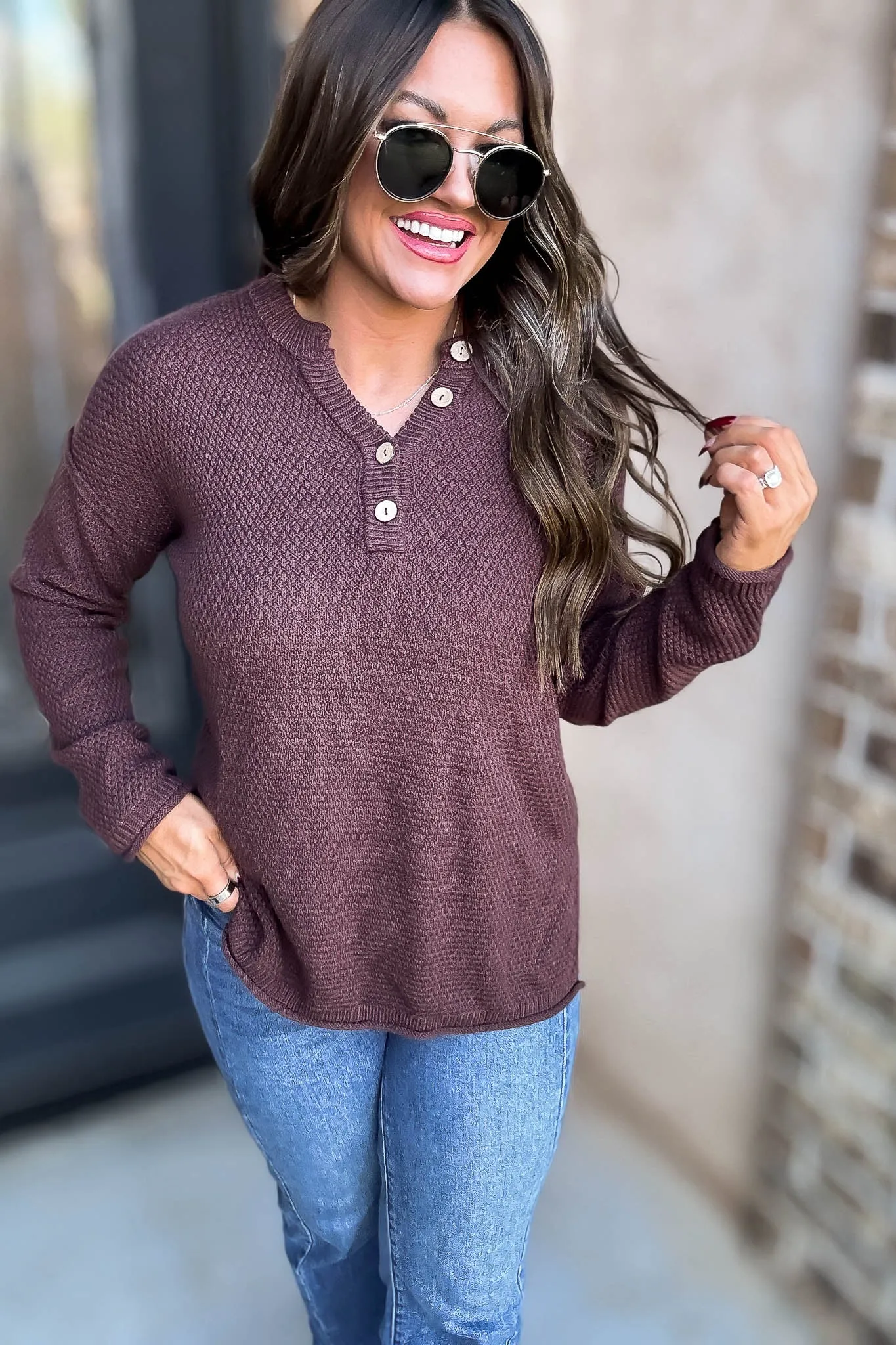 Button Mahogany Henley Neckline Basic Sweater