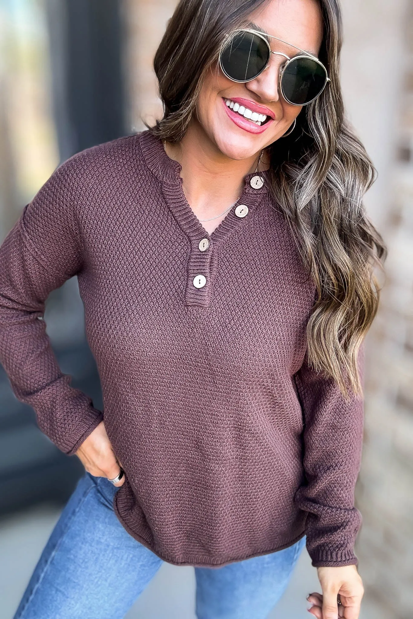 Button Mahogany Henley Neckline Basic Sweater