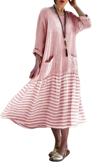 chouyatou Women's Loose Fit Cotton Dress Oversized Striped Printed Long Sleeve Tunic T-Shirt Dress